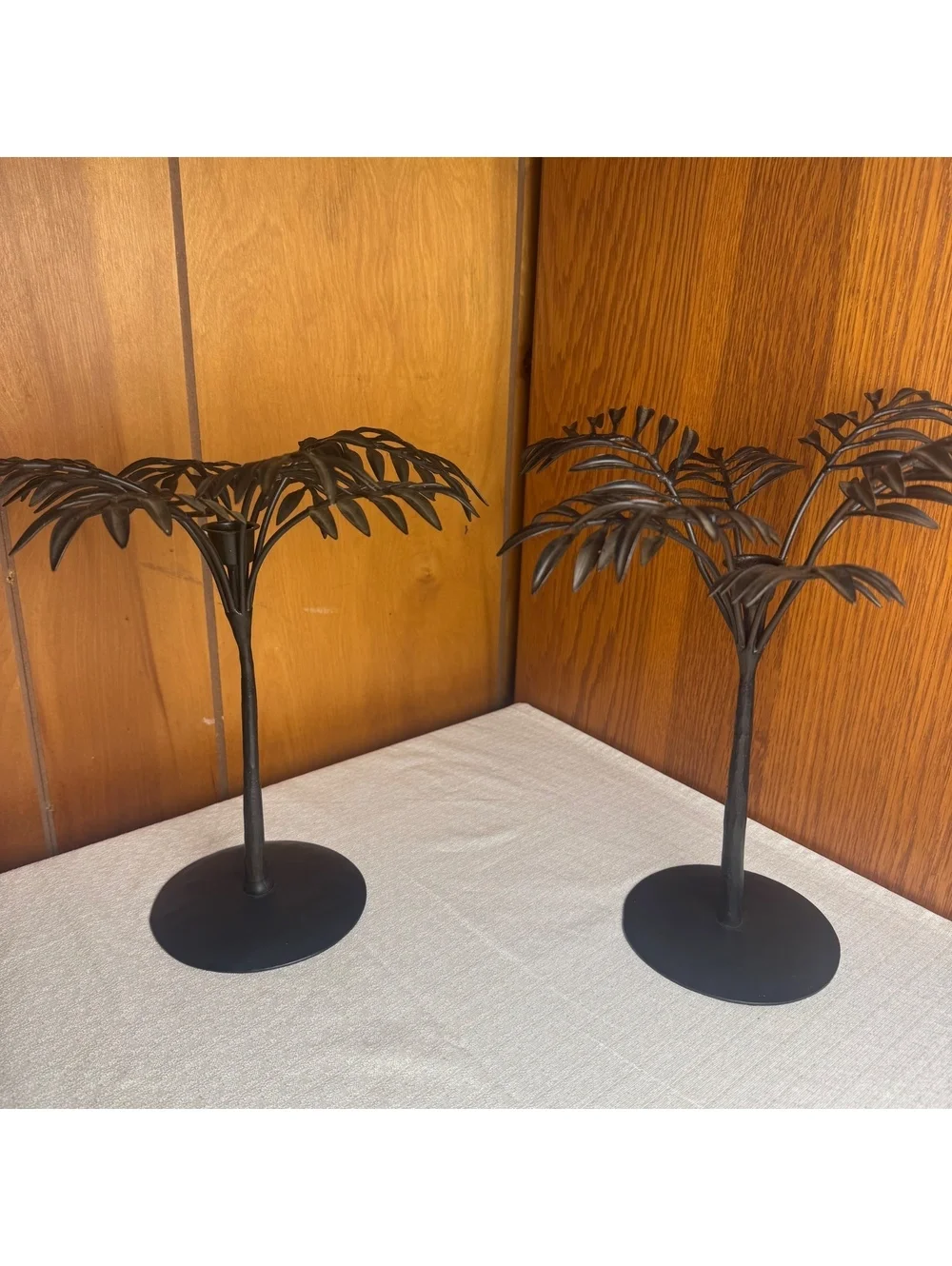 Vintage Black Metal Palm Tree Candle Holders Pair Tropical Coastal Decor